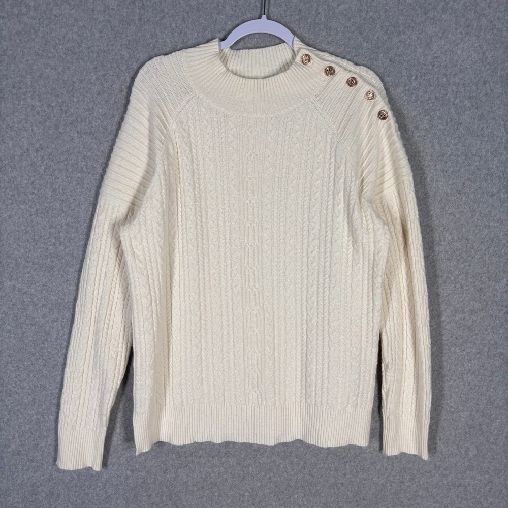 Cyrus Cable Knit Sweater XL Cream High Neck Gold Buttons Tennis Prep Heritage